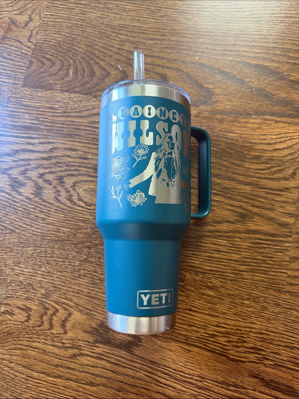 Yeti Teal Insulated Travel Tumbler with Handle and Silver Graphic